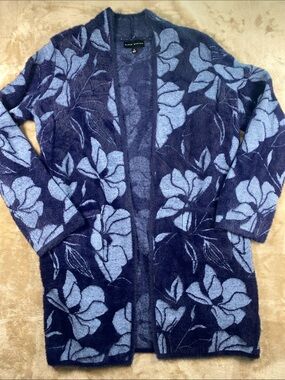 Susan Graver Navy and Light Blue Jacquard sweater Floral Open-Front Cardigan